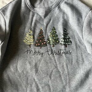Gray Merry Christmas Sweatshirt with Festive Trees